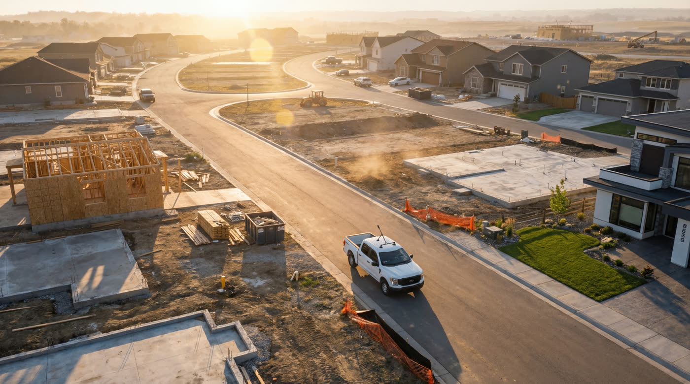 A subdivision part-built at sunrise, slabs poured and frames going up, with a pickup carrying a roof-mounted camera driving the street.