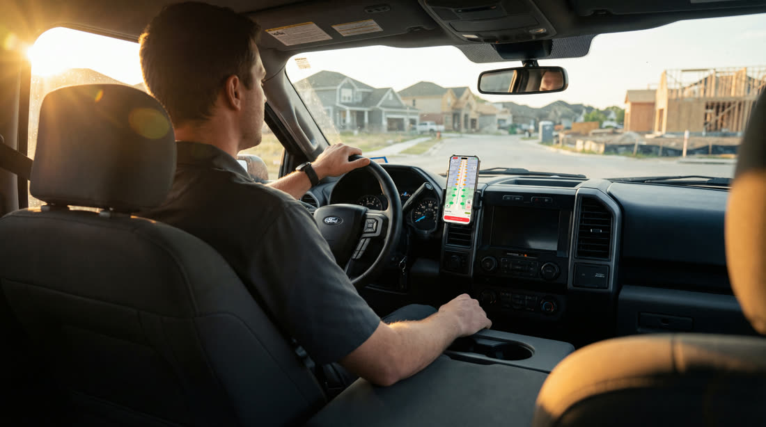 Driving a route: the app open on a phone mounted to the dash, lots marked along the street ahead, houses under construction through the windscreen.