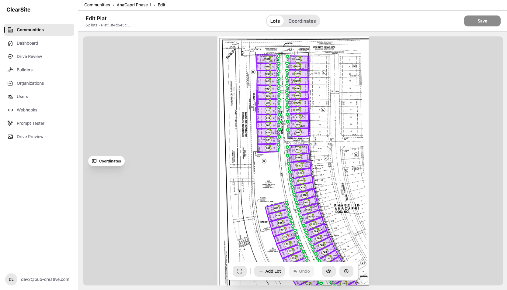 The plat editor: lots drawn over the recorded survey drawing, each one pinned, with controls to add a lot or undo.